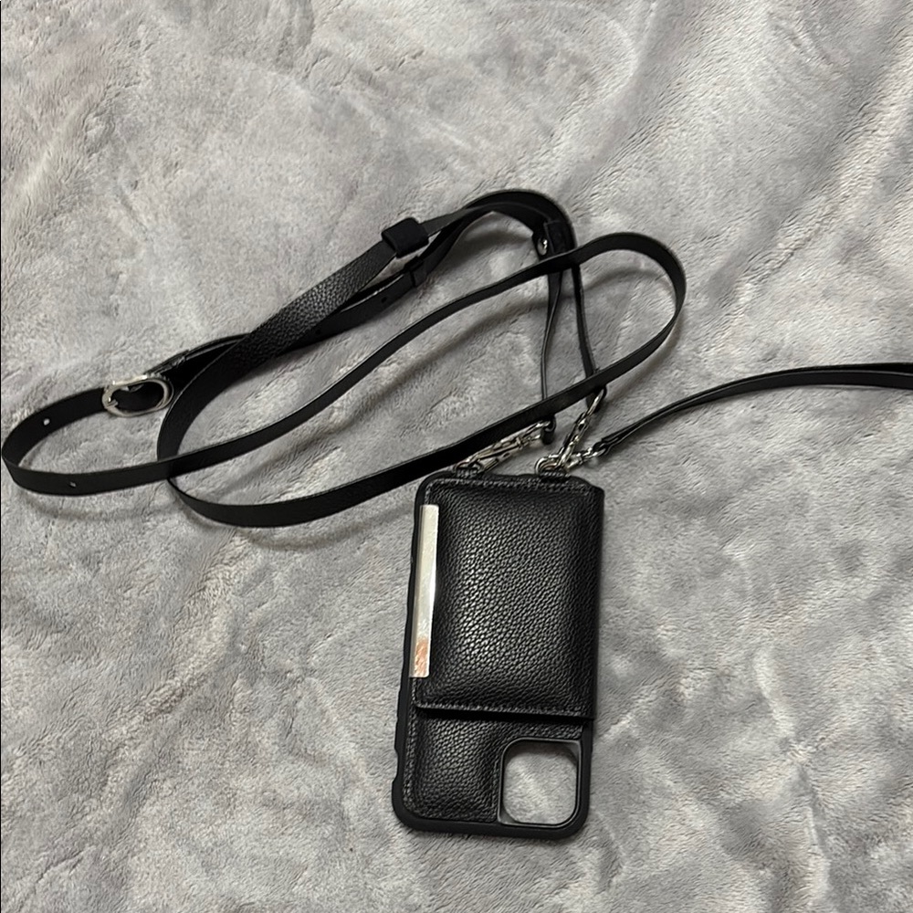 IPHONE 11 Black faux Leather Phone Case with Strap and card holders.